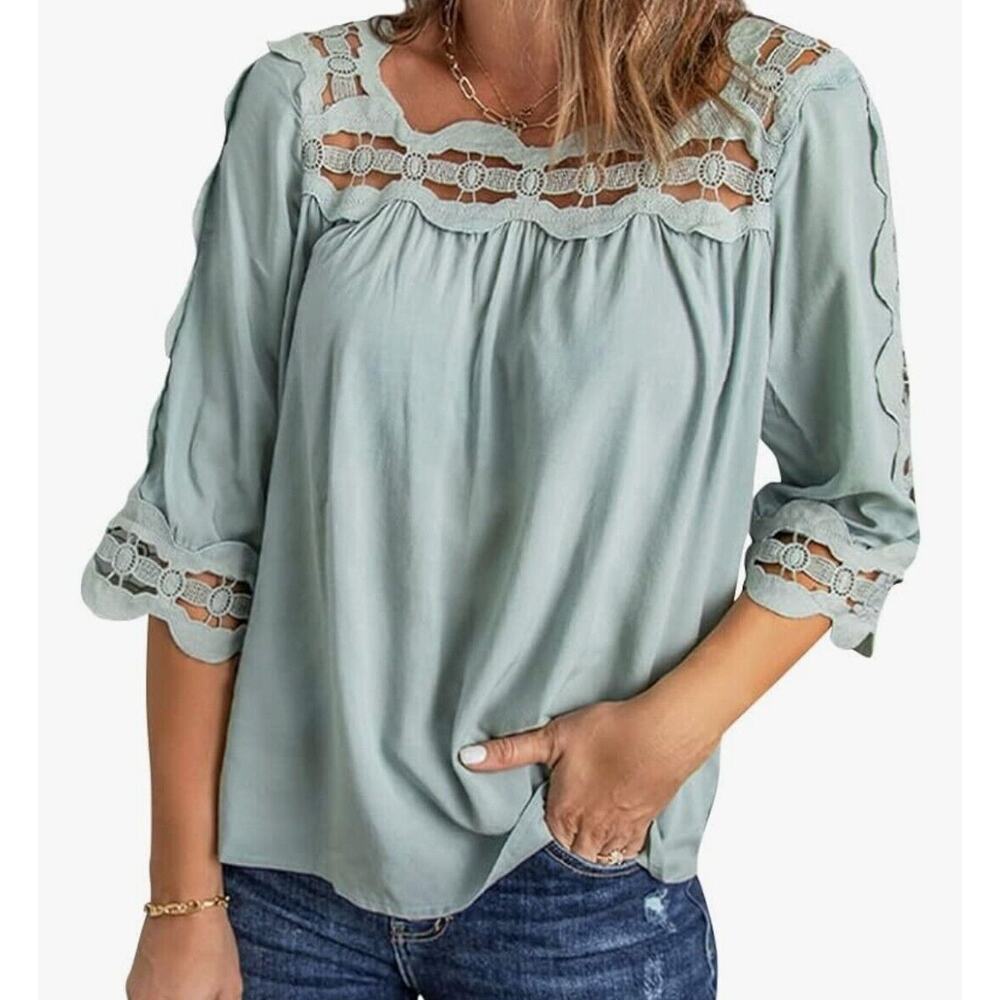 Women Lace Crochet Tops 3/4 Sleeve Hollow Out Blouses Flowy Square Collar Shirts - Picture 6 of 10